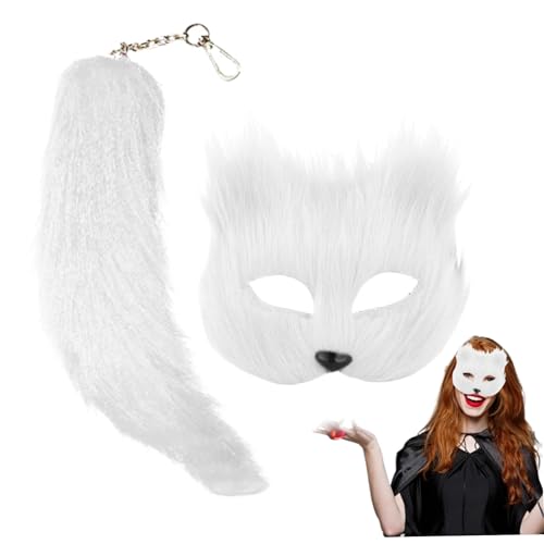 2pcs/Set Fox Maske und Schwanz, Faux Fox Hair Halloween Maske Flauschige halbe Gesicht Therian Maske mit Fuchsschwanzschlüsselkette für Maskerade Cosplay Fox Maske Weiße Masquerade -Kleidungszubehör von AOpghY