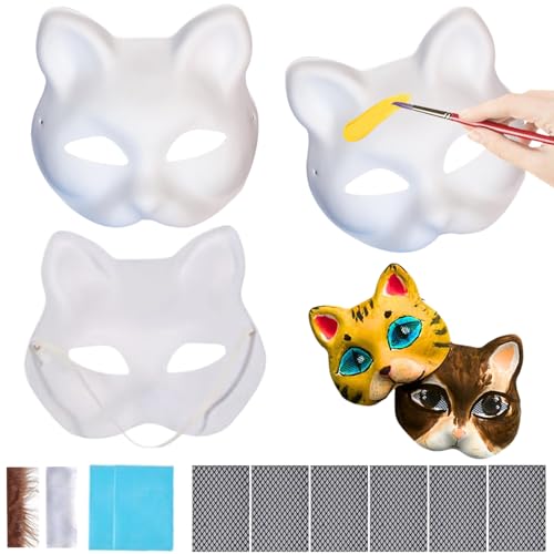 3 PCs Katzenmaske mit Pelzen und Augennetz lackierbar 7,5x6.7 in Halloween Therian Maske mit elastischen Gurt Pelzy DIY Pelzy Animal Maske Kostümprops Cosplay Party Supplies von AOpghY