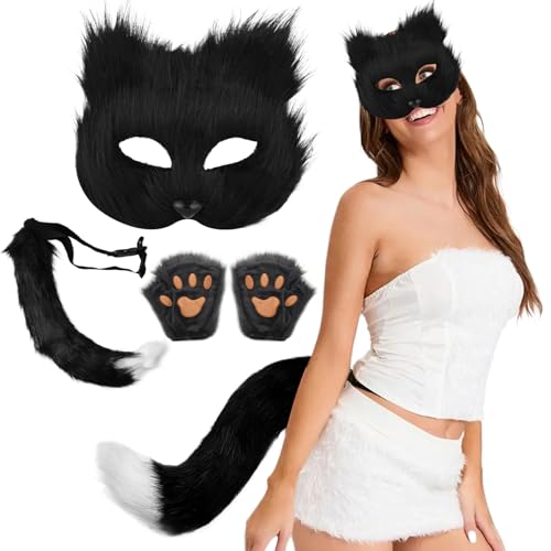 3pcs/Set Therian Ausrüstung, Therian Maske und Schwanz, Handschuhe Set halb Gesichtsfuchsmaske mit verstellbarem Schnallen pelziger Schwanz für Halloween Cosplay Fox Mask Cosplay Party Supplies von AOpghY