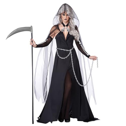 3pcs Damen Halloween Kostüme umfassen transparent Schwarze Umhang mit Kapuze, schwarzem Kleid und Kette Einer Größe Langer Todesumhang Halloween Kostüme Anziehen und so tun, als Ware zu tun von AOpghY