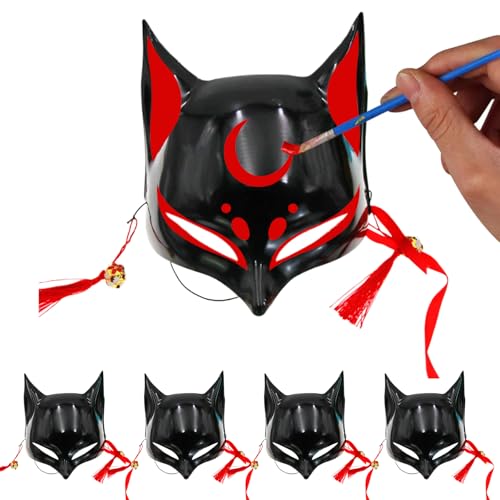 5 PCs Fox Maske Blank DIY handbemalte Halbgesicht Halloween Therian Cat Mask mit Quasten & Jingle Bell Cosplay Animal Maske mit Elastic Band (Black) Cosplay Party Supplies von AOpghY