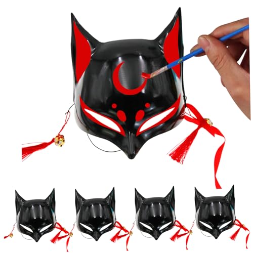 5 PCs Fox Maske Blank DIY handbemalte Halbgesicht Halloween Therian Cat Maske mit Quasten & Jingle Bell Cosplay Animal Maske mit Elastic Band (schwarz) Feiertag und Maskerade-Dress-up-Vorräte von AOpghY