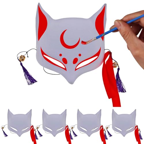 5 PCs Fox Maske Blank DIY handbemalte Halbgesicht Halloween Therian Cat Maske mit Quasten & Jingle Bell Cosplay Animal Maske mit Elastic Band (weiß) Cosplay-Partyzubehör von AOpghY