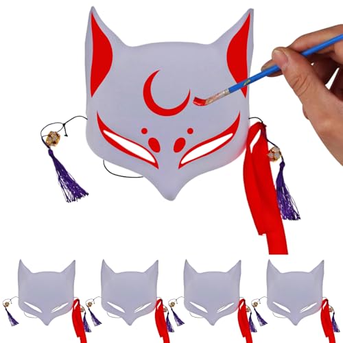 5 PCs Fox Maske Blank DIY handbemalte Halbgesicht Halloween Therian Cat Maske mit Quasten & Jingle Bell Cosplay Animal Maske mit Elastic Band (weiß) Festliche Masquerade Dress-up-Vorräte von AOpghY