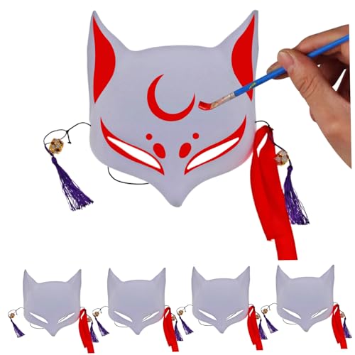 5 PCs Fuchsmaske Blank DIY handbemalte Halbgesicht Halloween Therian Cat Maske mit Quasten & Jingle Bell Cosplay Animal Maske mit Elastic Band (weiß) Feiertag und Maskerade-Dress-up-Vorräte von AOpghY