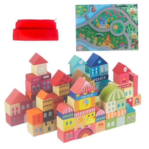 AOpghY 1 Set Bausteine, 110pcs Holzbausteine ​​mit 20 PCS -Szenen -Puzzle- und Aufbewahrungsbeutel City -Themen -Stapel -Kleinkindgebäude -Spielzeuggebäudegebäude von AOpghY