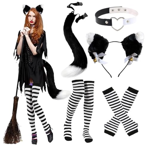 AOpghY 1 Set Cat Woman Kostüm, niedliche Katzenfrau -Kostüm -Outfit mit Katzenohren, pelzigem Schwanz, Socken, Halshöfen und Handschuhen, charmantes Katzenkostüm -Katzenfrau Kostüm von AOpghY