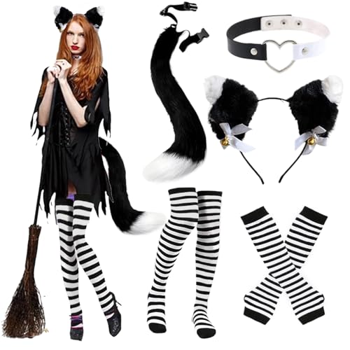 AOpghY 1 Set Cat Woman Kostüm, niedliche Katzenfrau -Kostüm -Outfit mit Katzenohren, pelzigem Schwanz, Socken, Halskreuz und Handschuhen, charmante Katzenkostüm Festliche Maskerade -Kleidermaterial von AOpghY