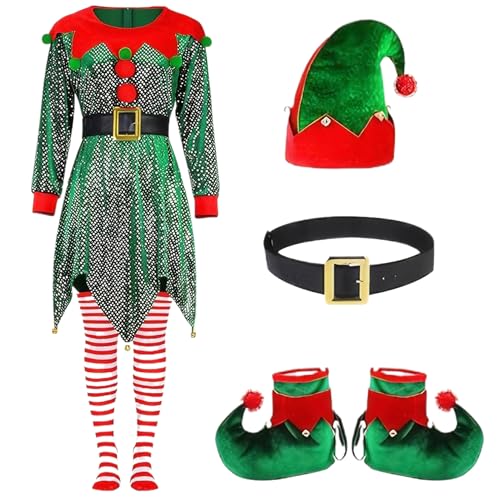 AOpghY 1 Set Christmas Elf Kostüm für Frauen dunkelgrünes Elf Kostüm mit Pailletten Elf Hut, Kleid, Socken und mehr, Samt Weihnachtskostüme, XL VORLETTE UND KLEINE -Supplies von AOpghY