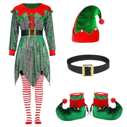 AOpghY 1 Set Weihnachten Elf Kostüm für Frauen dunkelgrünes Elf Kostüm mit Pailletten Elf Hut, Kleid, Socken und mehr, Samt Weihnachtskostüme, m tun vor und anziehen Vorräte von AOpghY