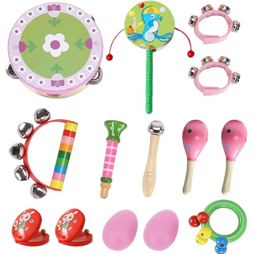 AOpghY 13pcs/Set Kids musikalische Instrumente Holzkind -Musikinstrumente mit Trommeln, Tamburinen und sensorischere Baby -Musikinstrumente, zufällige Farbkinderspielzeugversorgungen von AOpghY