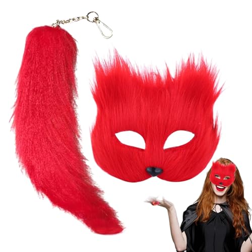 AOpghY 2pcs/Set Fuchsmaske und Schwanz, Faux Fox Hair Halloween Maske Flauschige halbe Gesichts -Therian -Maske mit Fuchsschwanzschlüsselkette für Halloween Cosplay Fox Mask Red Dress Up Supplies von AOpghY