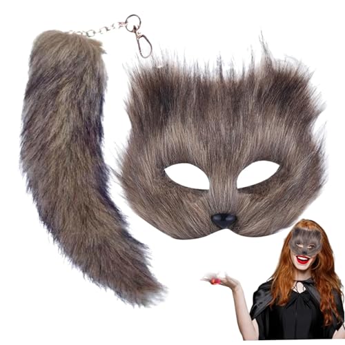 AOpghY 2pcs/Set Fuchsmaske und Schwanz, Faux Fox Hair Halloween Maske Flauschige halbe Gesichts -Therian -Maske mit Fuchsschwanzschlüsselkette für Halloween Cosplay Fox Maske graue Kleiderlieferungen von AOpghY