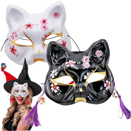 AOpghY 2pcs Katzenmaske Japanischer Stil Kabuki Halloween Maske, 7,3x6.9 PVC Half Face Katze Maske mit Quasten und Glocken weiße Dress-up Anime Mask Cosplay Mask von AOpghY