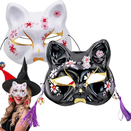 AOpghY 2pcs Katzenmaske Japanischer Stil Kabuki Halloween Maske, 7,3x6.9 PVC halbe Gesichts-Katzenmaske mit Quasten und Glocken weiße Dressup Anime Mask Cat Maske von AOpghY