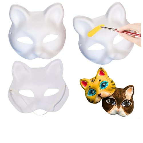 AOpghY 3 PCs Katzenmaske mit Pelzen und Augennetz lackierbar 7.5x6.7 in Halloween Therian Maske mit elastischen Riemen Pelzige Tiermaske Kostümproquen von AOpghY