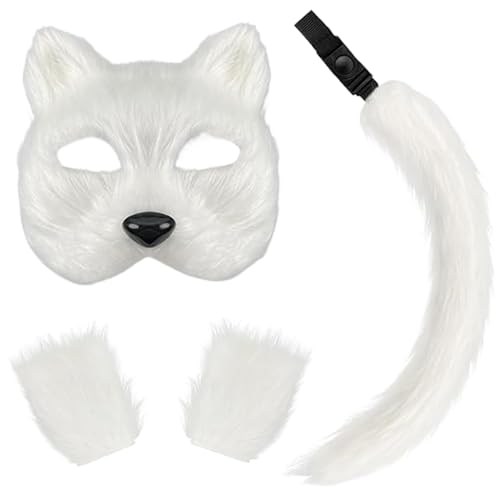 AOpghY 3 PCs Therian Maske Faux Purry Mask Tail Handschuhe Set halb Gesichtsfuchsmaske mit verstellbarer Schnalle Exquisite Wolf Maske für Cosplay -Kostümparty White Trep Play Supplies von AOpghY