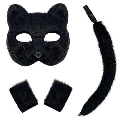 AOpghY 3 PCs Therian Maske Faux Purry Maske Schwanzhandschuhe Set halb Gesichtsfuchsmaske mit Verstellbarer Schnalle Exquisite Wolf Maske Schwarze Maskerade Dress -up -Vorräte von AOpghY