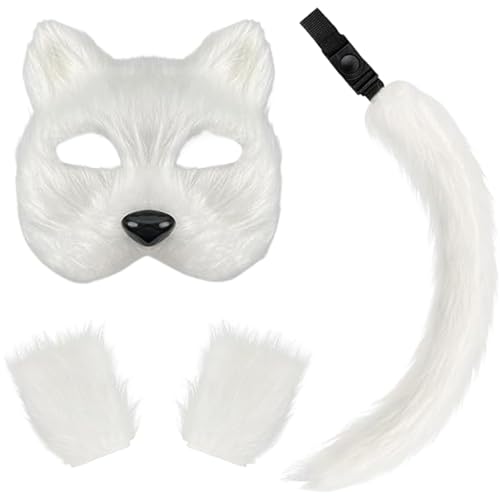 AOpghY 3 PCs Therian Maske Faux Purry Maske Schwanzhandschuhe Set halb Gesichtsfuchsmaske mit Verstellbarer Schnalle Exquisite Wolf Maske Weiße Feiertag und Maskerade -Kleidungsversorgung von AOpghY