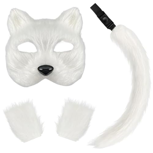 AOpghY 3 PCs Therian Maske Faux Purry Maske Schwanzhandschuhe Set halb Gesichtsfuchsmaske mit Verstellbarer Schnalle Exquisite Wolf Maske Weiße Maskerade Dress -up -Vorräte von AOpghY