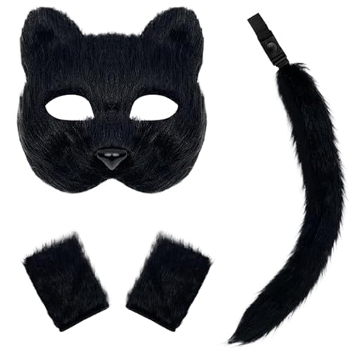 AOpghY 3 PCs Therian Maske Faux Purry Maske Schwanzhandschuhe Set halb Gesichtsfuchsmaske mit Verstellbarer Schnalle Exquisite Wolf Maske für Cosplay Fancy Costume Party Schwarze Kleidungsversorgung von AOpghY