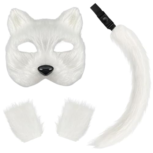 AOpghY 3 PCs Therian Maske Faux Purry Maske Schwanzhandschuhe Set halb Gesichtsfuchsmaske mit Verstellbarer Schnalle Exquisite Wolf Maske für Cosplay Fancy Costume Party White Dress Up Supplies von AOpghY