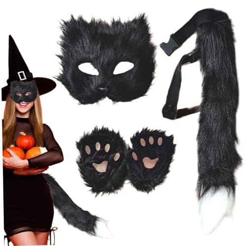 AOpghY 3pcs/Set Fox Kostüm Halloween Pelzige Therian Maske und Schwanz- und Pfotenhandschuhe, Plüsch Flauschige Katze Wolf Pelzkostüm, Schwarze Kleider und Verlustwaren zu tun von AOpghY