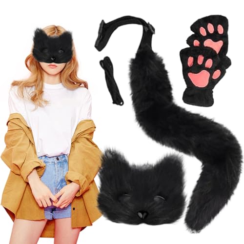 AOpghY 3pcs Fox -Kostüm Pelsery Therian Maske und Tail & Paws Handschuhe Plüsch Flauschige Katze Wolf Pelsery Kostüm mit Maske, Schwanz und Handschuhen für Cosplay -Party -Maskerade -Masken von AOpghY