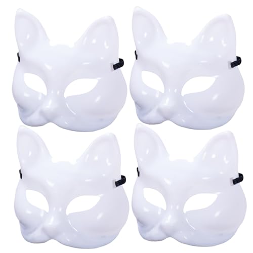 AOpghY 4 PCs Katzenmaske DIY Blankin lackierbar Halloween Fox Maske Halbgesicht unvollendete weiße Therian -Maske mit elastischer Band für Cosplay Masquerade Party Cosplay Party Supplies von AOpghY