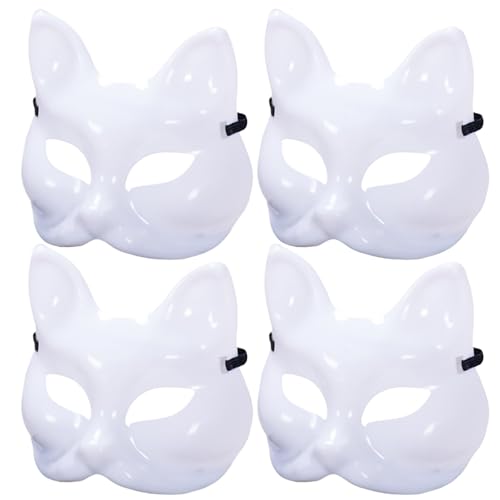 AOpghY 4 PCs Katzenmaske DIY Blankin lackierbar Halloween Fox Maske Halbgesicht unvollendete weiße Therian -Maske mit elastischer Band für Cosplay Masquerade Party Masquerade Party Dress Ups Vorräte von AOpghY