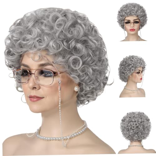 AOpghY 4PCS Oma Kostüm Set Halloween Old Lady Kostüm für Frauen umfasst Curls Oma Perücke, Perlenkette, Brille mit Kette, graue Perücke mit Accessoires Maskerade Dress -up -Vorräte von AOpghY