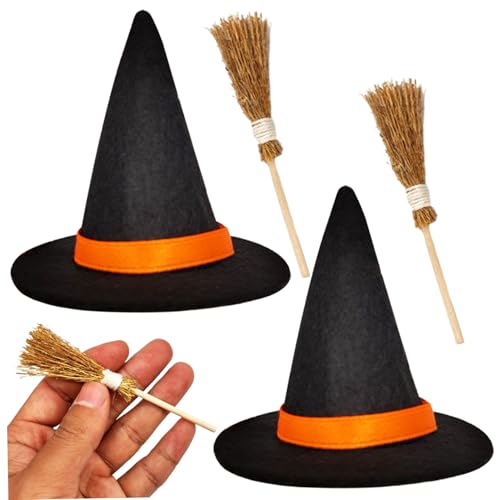 AOpghY 4pcs/Set Hexenhut und Hexenbesen, Filztuch Mini Hexenhüte, DIY Halloween -Handwerksvorräte für Halloween, Weihnachten, Schwarze Masquerade -Kleidungszubehör von AOpghY