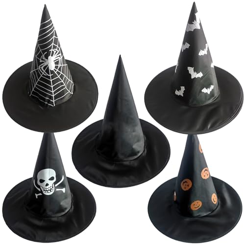 AOpghY 5 PCs Hexenhut, Polyester Schwarzer Zaubererhut mit gruseligen Druck, Schwarzer Hexenhut Einer Größe Crazy Hut für Hexenkostüm, Cosplay, Halloween -Party Dress -up und Verlustwaren von AOpghY