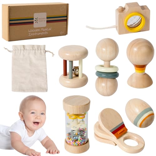 AOpghY 7pcs/Set Holzbaby Rassle Bio natürliche Baby -Rassel mit Regenstift, Handglocke, Sandkugel und mehr, Montessori Holzrassel Holzbaby Rassle von AOpghY