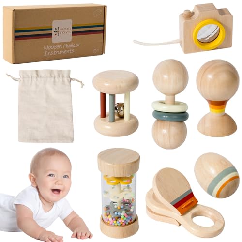 AOpghY 7pcs/Set Neugeborenes Spielzeug Bio natürliches Holz Baby Rassel Set mit Regenstift, Handglocke, Sandball und mehr Neugeborenen Spielzeug mit Aufbewahrungstasche Holz Baby Rassle von AOpghY