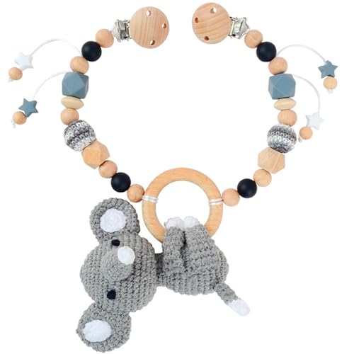 AOpghY Babyrassel mit grauem Elefant Bio -Holzbaby Hangsspielzeug mit Zahnen Ring -Stofftier -Autositzspielzeug für Neugeborene Kleinkinder 0,3,6,9,12,36 Monate Baby Rassle von AOpghY