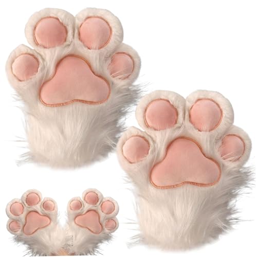 AOpghY Cat Paw 1 Paar Vollhand 10in Therian Pfoten süße bestickte weiße pelzige Pfoten realistische dekorative Pfotenhandschuhe für Kinder, Erwachsene, Cosplay, Bühnenkatze Paw von AOpghY