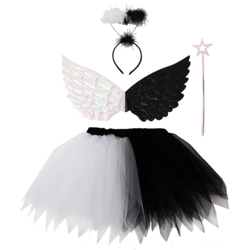 AOpghY Engel Kostüm für Mädchen Schwarz-Weiß-Engel Kostüm Beinhaltet Rock, Zauberstab, Flügel & Stirnband Weihnachts-Halloween-Kostüme für Mädchen Neuheiten Dress-up Supplies von AOpghY