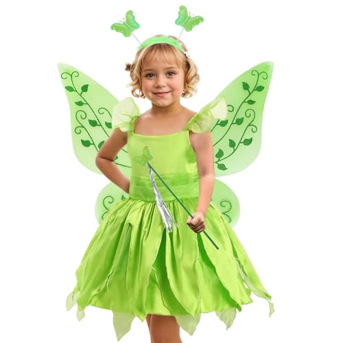 AOpghY Feenkostüm für Mädchen 4pcs/Set Kids Girl Cosplay Green Fairy Kostüm mit Accessoires ausgefallene hautfreundliche Prinzessinkleider, 47-Zoll von AOpghY