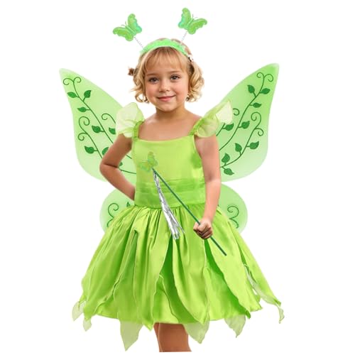 AOpghY Feenkostüm für Mädchen 4pcs/Set Kids Girl Cosplay Green Fairy Kostüm mit Accessoires ausgefallene hautfreundliche Prinzessinkleider, 51in Kleider und Tönung Waren von AOpghY