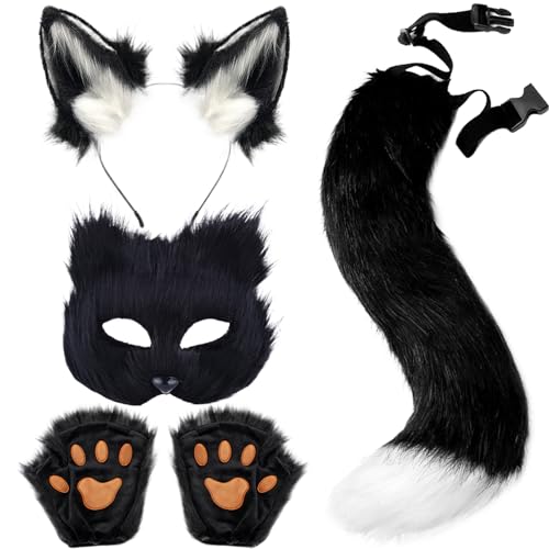 AOpghY Fox Kostüm 4pcs/ Set White Black Cosplay Halloween Pelzige Kostüm Rollenspiel Purry Wolf Kostüm Cosplay für Erwachsene, Kinderkostümzubehör verkleiden Sich und tun zu tun, um Waren zu geben von AOpghY