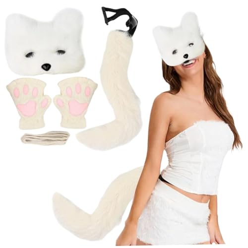 AOpghY Fox Kostüm Halloween Pelzige Therian Maske und Schwanz & Pfoten Handschuhe Plüsch Flauschige Katze Wolf Pelsery Kostüm mit Maske, Schwanz & Handschuhen (weiß) Cosplay -Partyzubehör von AOpghY