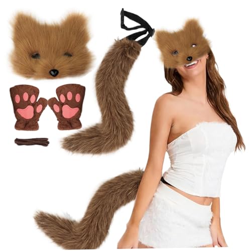 AOpghY Fox Kostüm Halloween Pelzige Therian Maske und Schwanz & Pfoten Handschuhe Plüsch Flauschige Katze Wolf Pelzige Kostüm mit Maske, Schwanz & Handschuhen (braun) Cosplay -Partyzubehör von AOpghY