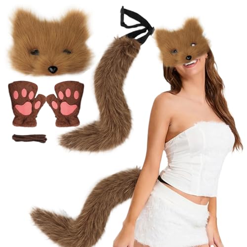 AOpghY Fox Kostüm Halloween Pelzige Therian Maske und Schwanz & Pfoten Handschuhe Plüsch Flauschige Katze Wolf Pelzige Kostüm mit Maske, Schwanz & Handschuhen (braun) Maskerade Party Dress endet von AOpghY