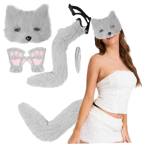 AOpghY Fox -Kostüm Halloween Pelzige Therian Maske und Schwanz & Pfoten Handschuhe Plüsch Flauschige Katzen Wolf Pelsery Kostüm mit Maske, Schwanz & Handschuhen (grau) Cosplay -Partyzubehör von AOpghY