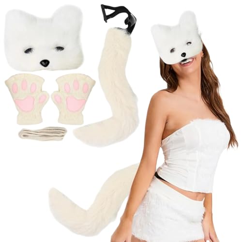 AOpghY Fox -Kostüm Halloween Pelzige Therian Maske und Schwanz & Pfoten Handschuhe Plüsch Flauschige Katzen Wolf Pelsery Kostüm mit Maske, Schwanz & Handschuhen (weiß) Maskerade Party Dress endet von AOpghY