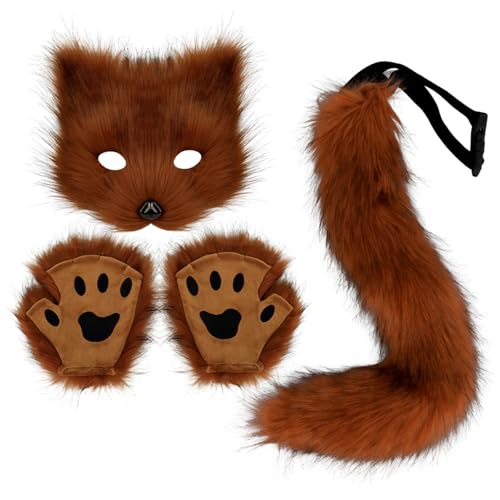 AOpghY Fox Kostüm Halloween Therian Maske und Schwanz emulative Pfotenhandschuhe Therian Plüschpelzmaske und Schwanz lebendige pelzige Pfoten Cosplay Kostüme Asquerade Dress endet von AOpghY