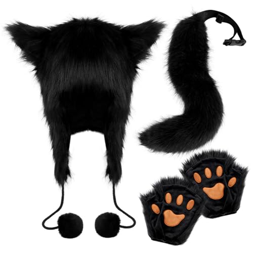 AOpghY Fox -Kostüm realistisch niedliche pelzige Kostüm beinhaltet Hut, Fox Tail & Fox -Handschuhe Wärme Flauschige Schwarze Halloween -Kostüme für Cosplay, Dress -up, Partyhüte von AOpghY