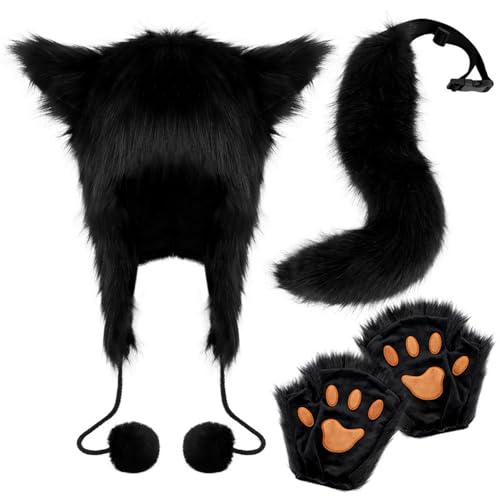 AOpghY Fox Kostüm realistisch niedliches pelziges Kostüm beinhaltet Hut, Fox Tail & Fox Handschuhe Wärme Flauschige Schwarze Halloween -Kostüme Festliche Masquerade Dress -up -Vorräte von AOpghY