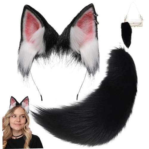 AOpghY Fox Ohr und Schwanz Set pelzige realistische künstliche süße Fuchsschwanz und Ohren dekorative Schwarze weiße Fuchs Kostüm für Cosplay -Party Dress Up und tat vor, Waren zu tun, von AOpghY